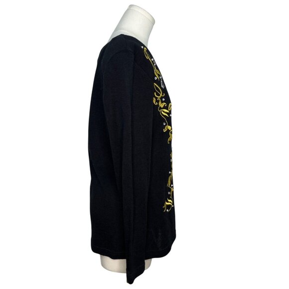 L'EAU VIVE Black Knit Top With Yellow Embroidery V-Neck Long Sleeve Womens Size - Picture 3 of 5